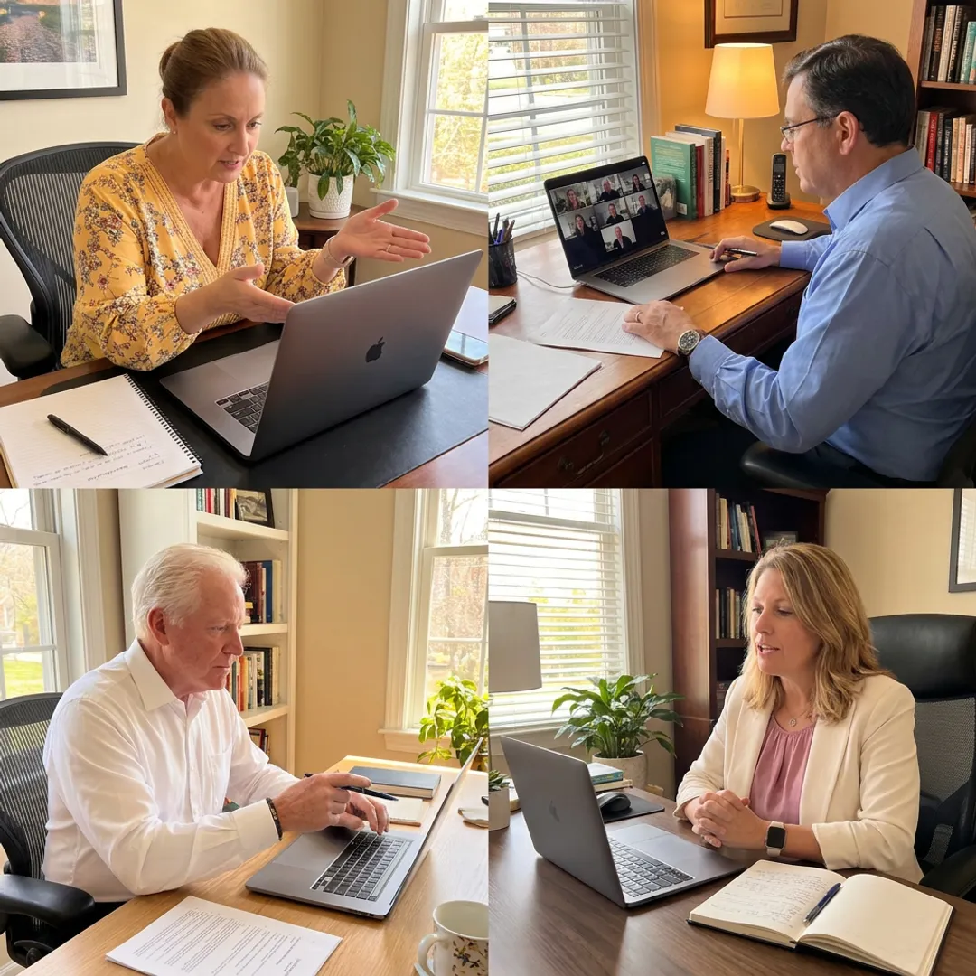 Remote leadership training session with executives on video call
