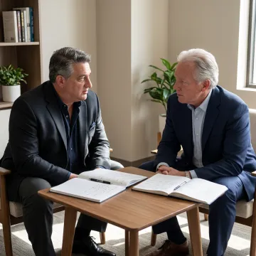 Executive coach guiding a senior leader in a private strategy session