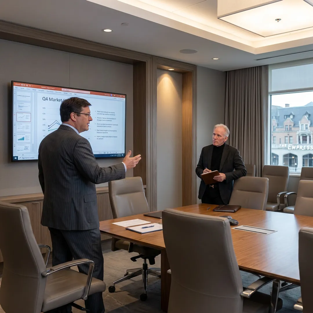 Executive rehearsing a presentation with a speaking coach