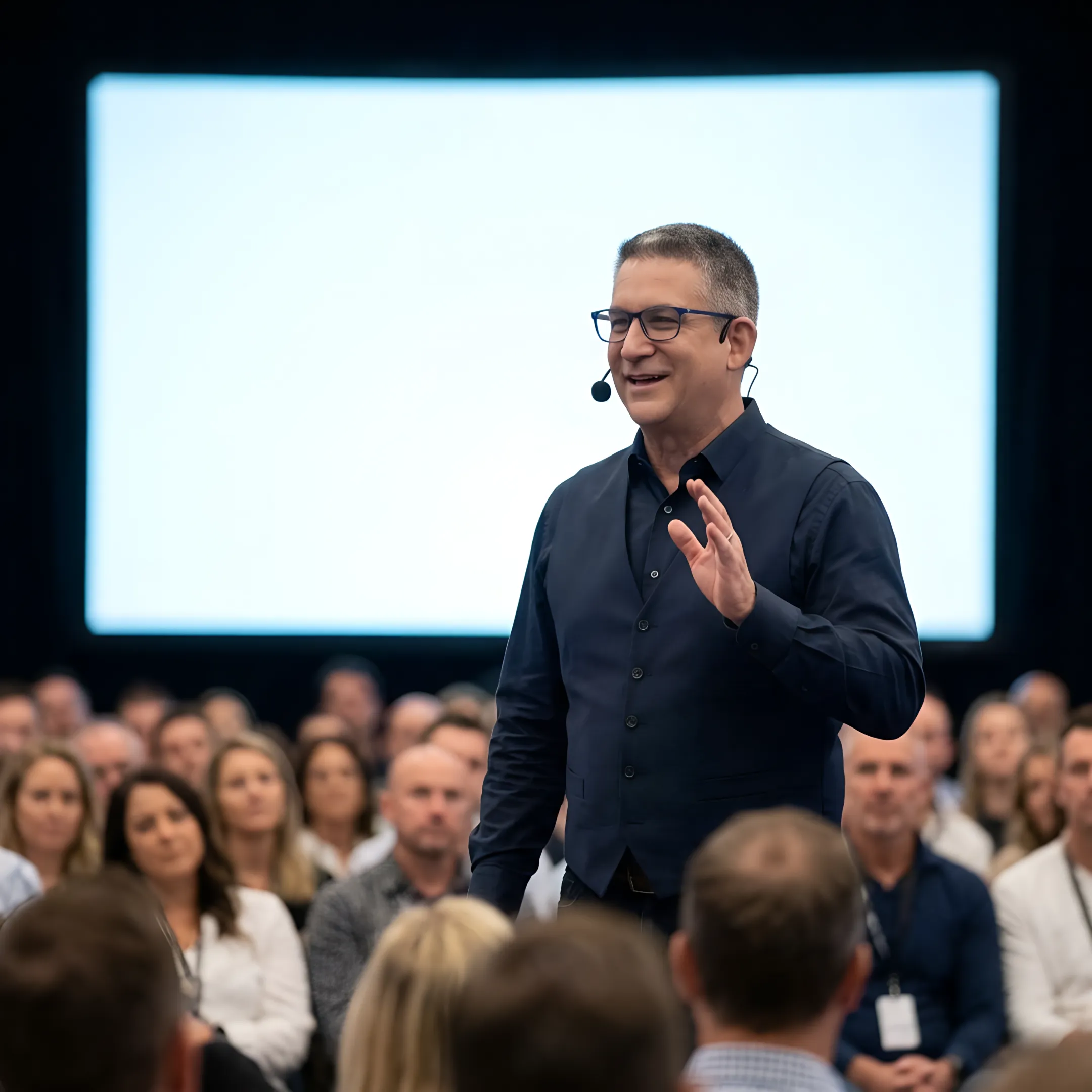 Motivational keynote speaker presenting to a corporate audience