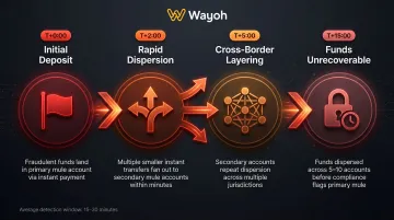 Four-step mule account network fund dispersion process via instant payment rails