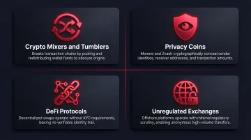 Four crypto money laundering evasion tools mixers privacy coins DeFi exchanges explained
