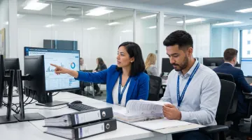 AML compliance professionals reviewing fintech transaction monitoring program in office