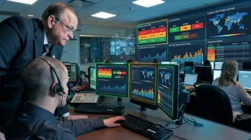 Bank technology operations center with cybersecurity monitoring screens and risk analysts