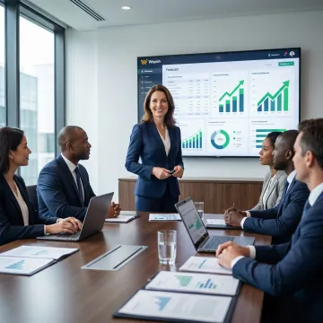 Banking finance leader reviewing reports with executives