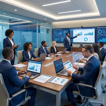 Banking finance professionals collaborating on reporting and staffing needs