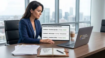 Compliance recruiter reviewing sanctions specialist candidate profiles in professional office