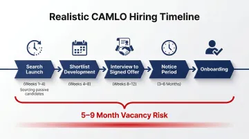 CAMLO search timeline from shortlist to onboarding showing 5 to 9 month vacancy window