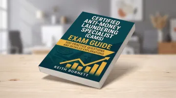 CAMS certification exam preparation materials and ACAMS credential badge on desk