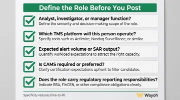 Five-question AML role definition checklist for compliance hiring managers before posting jobs
