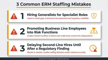 Three common bank ERM staffing mistakes causes and consequences warning infographic