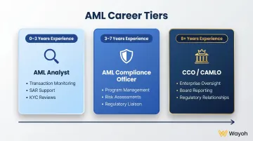 Three-tier AML compliance officer role levels comparison chart with experience ranges