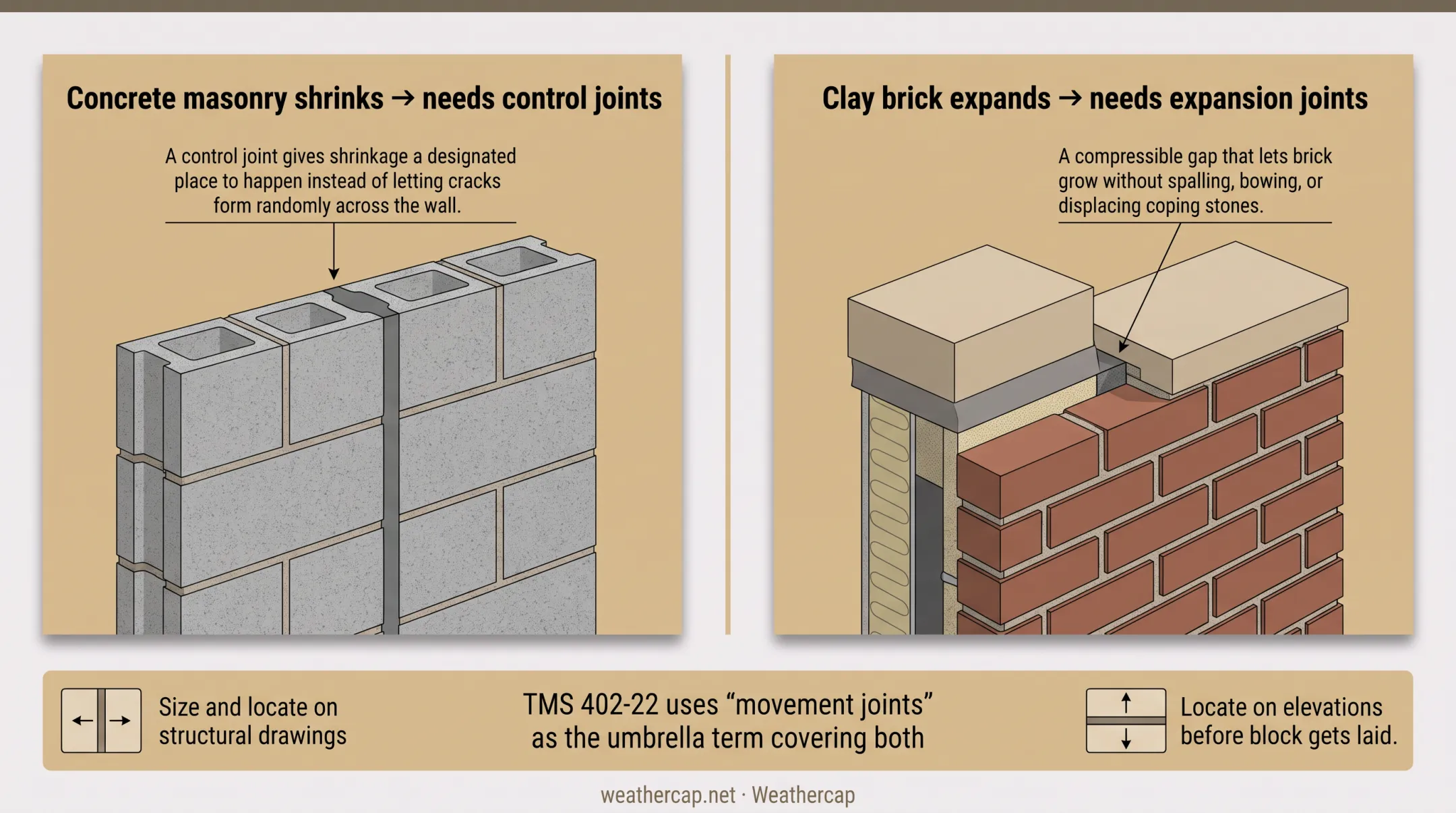 Control joints versus expansion joints comparison in masonry walls