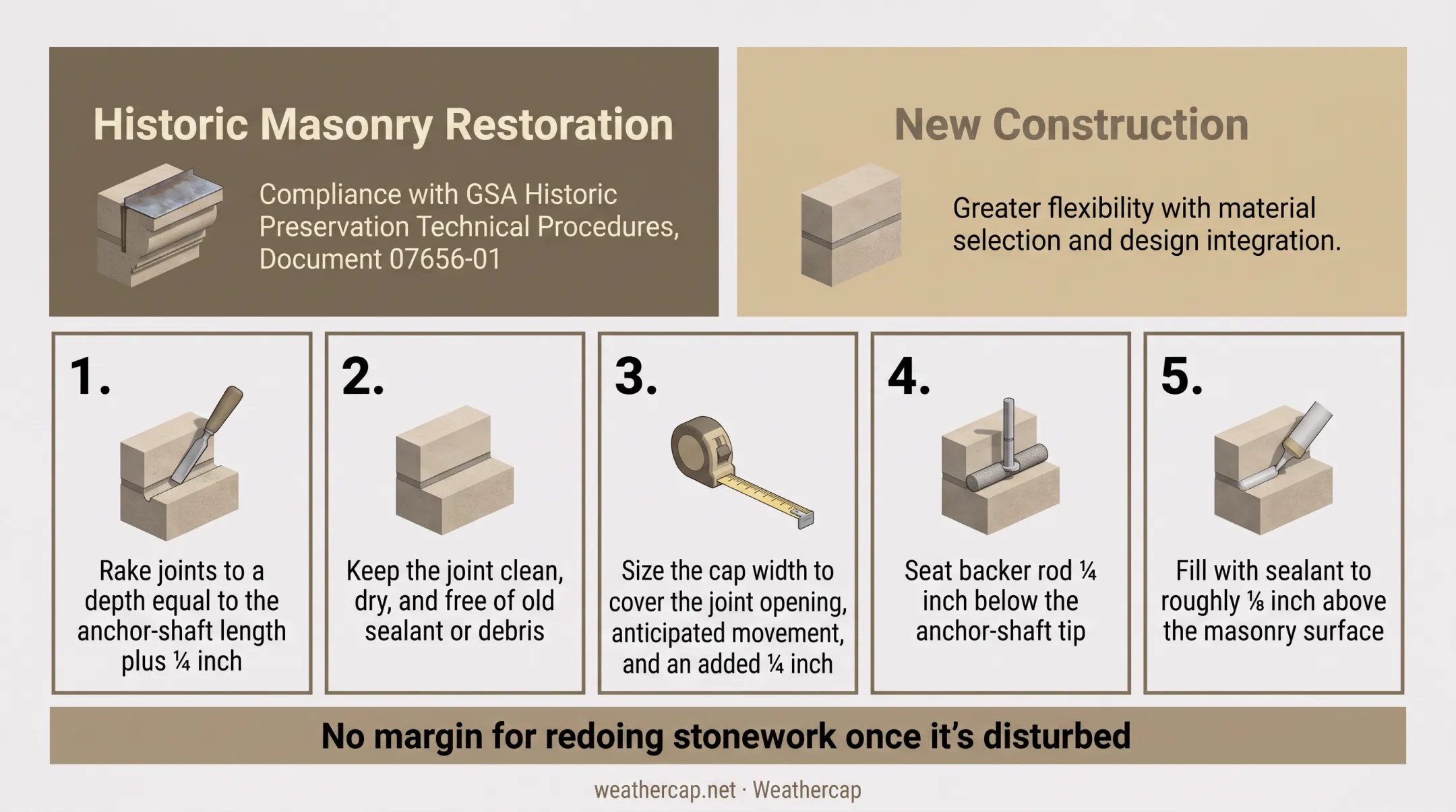 5-step GSA historic masonry joint installation procedure diagram
