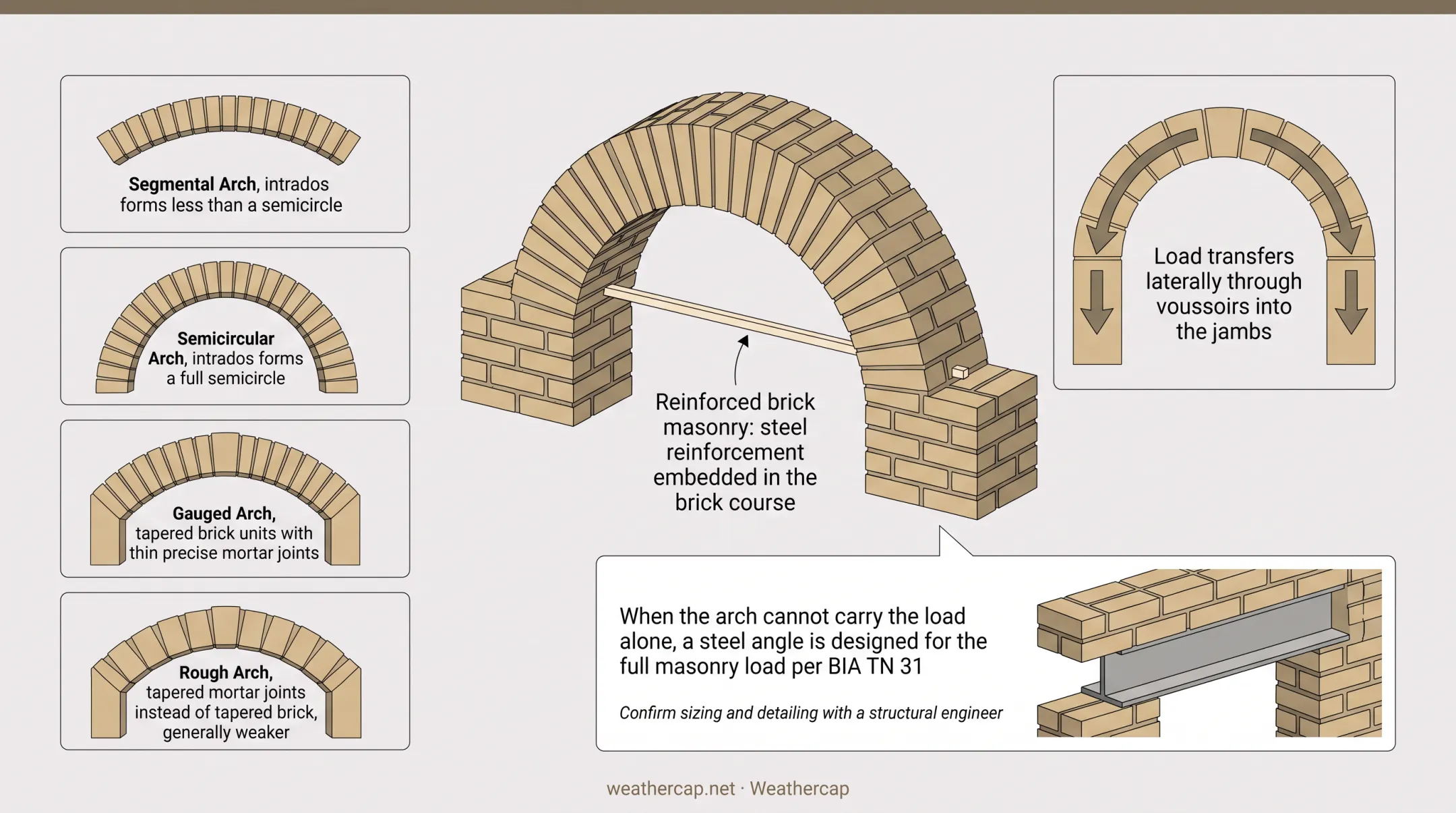 Four types of brick arches comparison showing segmental semicircular gauged and rough arch