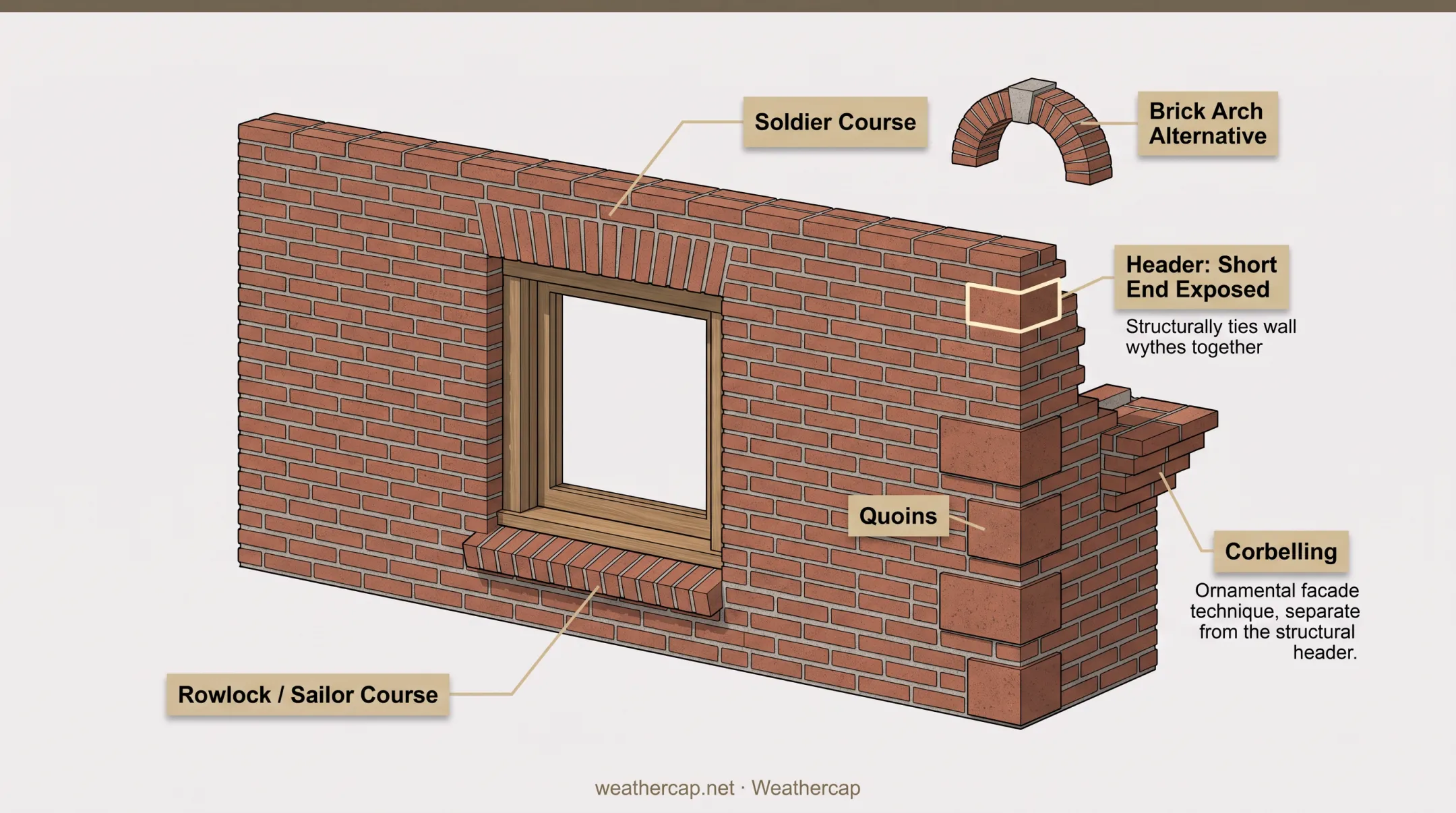 Brick course orientation diagram showing header rowlock soldier and sailor courses