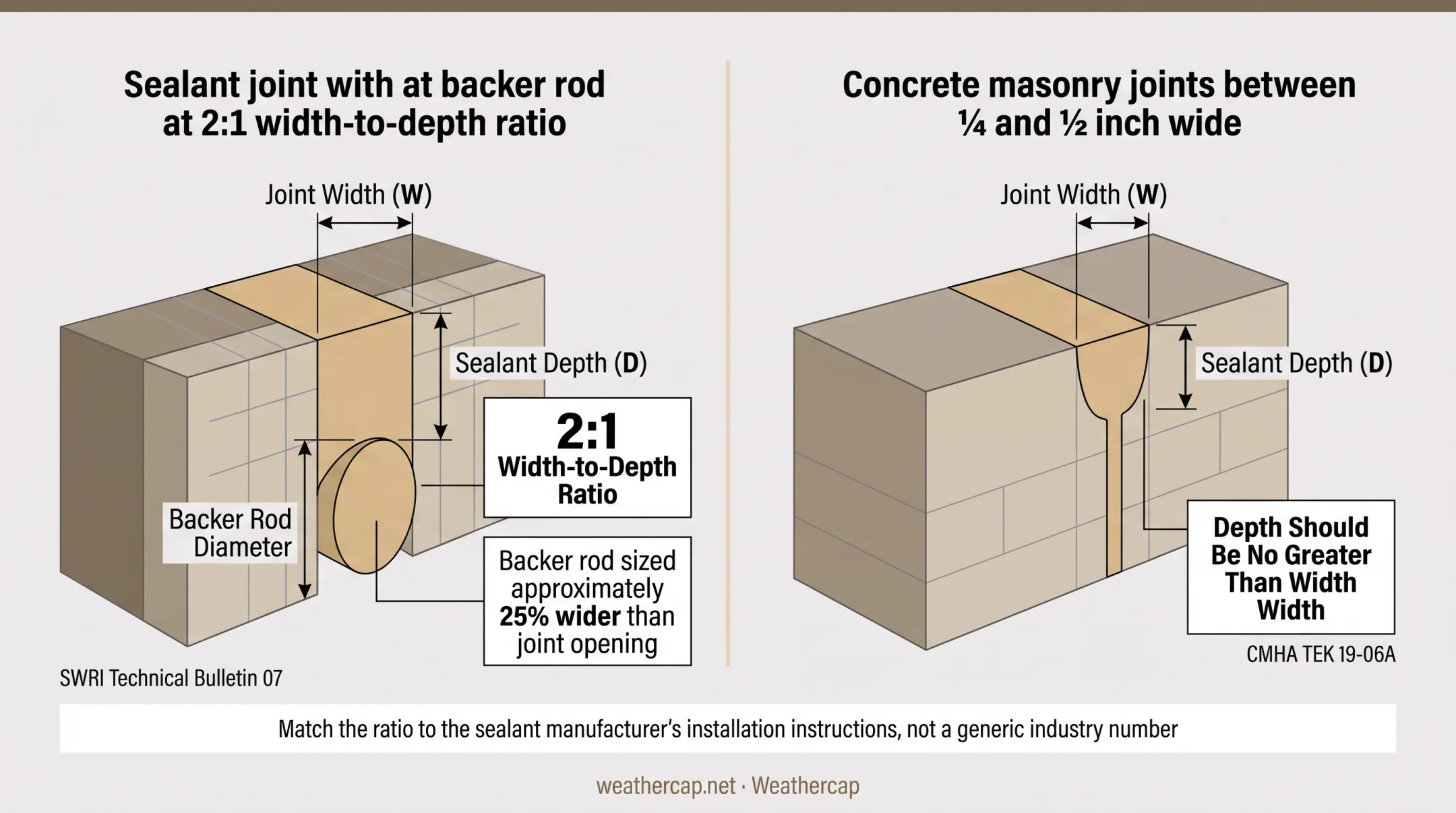 Sealant width-to-depth ratio diagram for backer rod installation