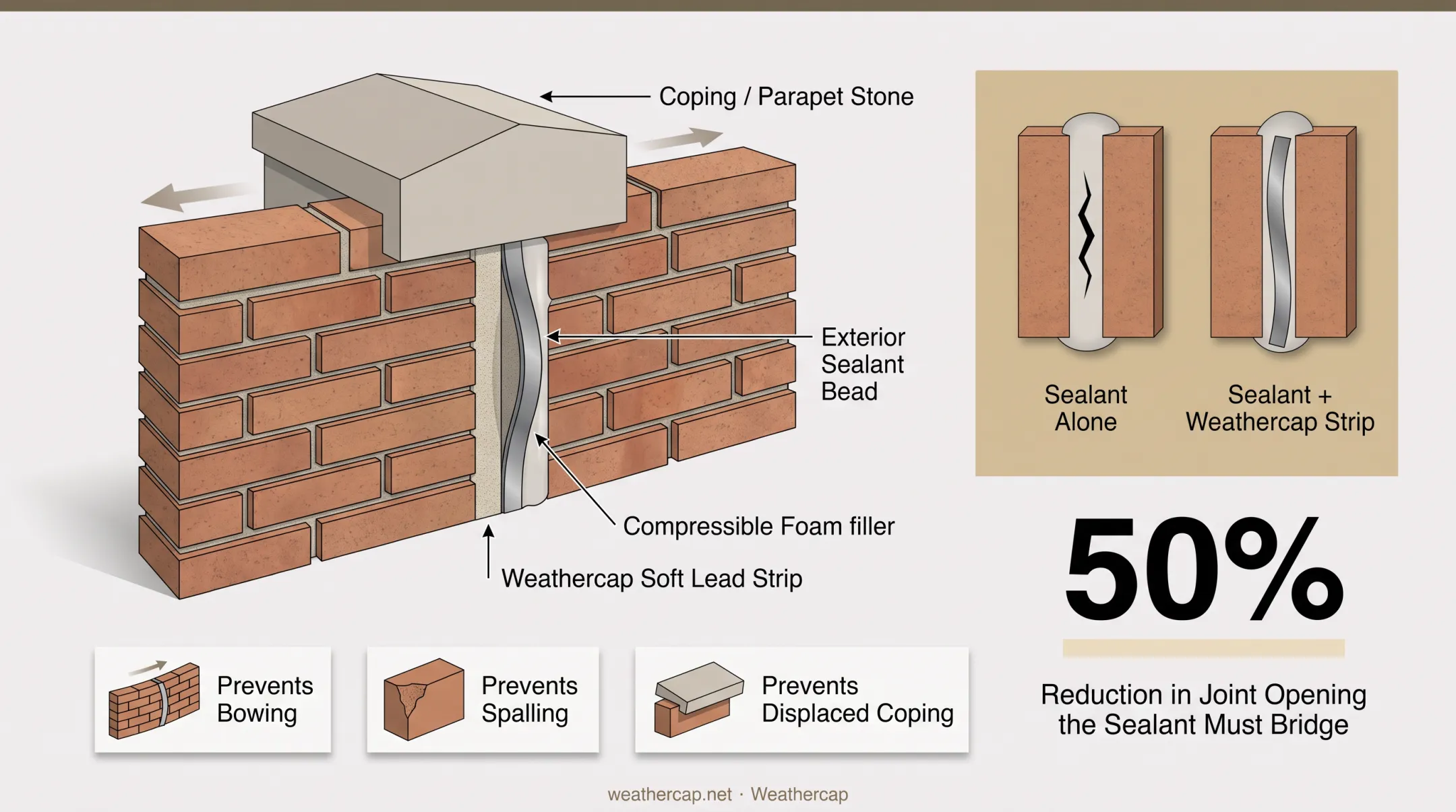 Weathercap lead strip installed within sealed masonry expansion joint