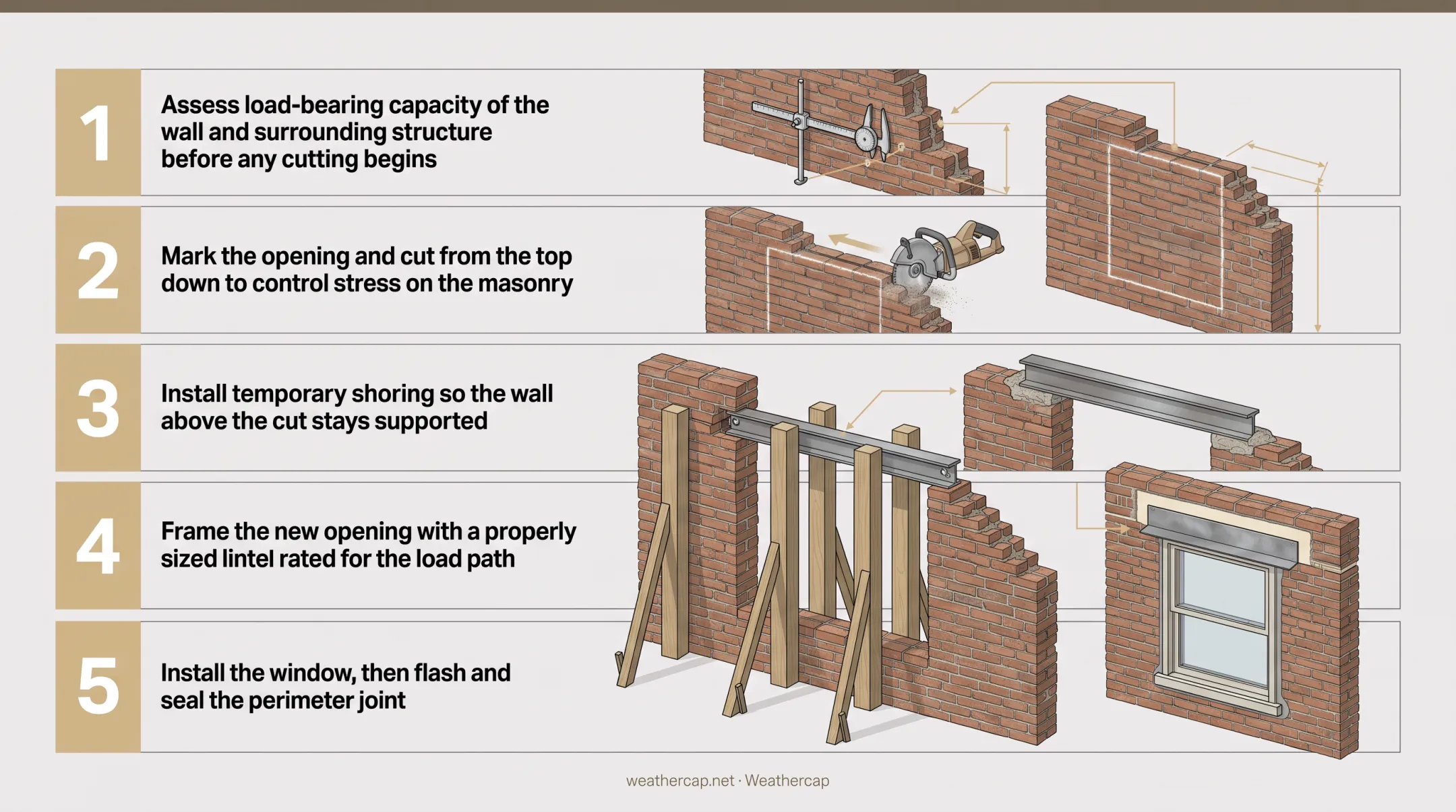 5-step process for cutting a new window opening into existing brick wall