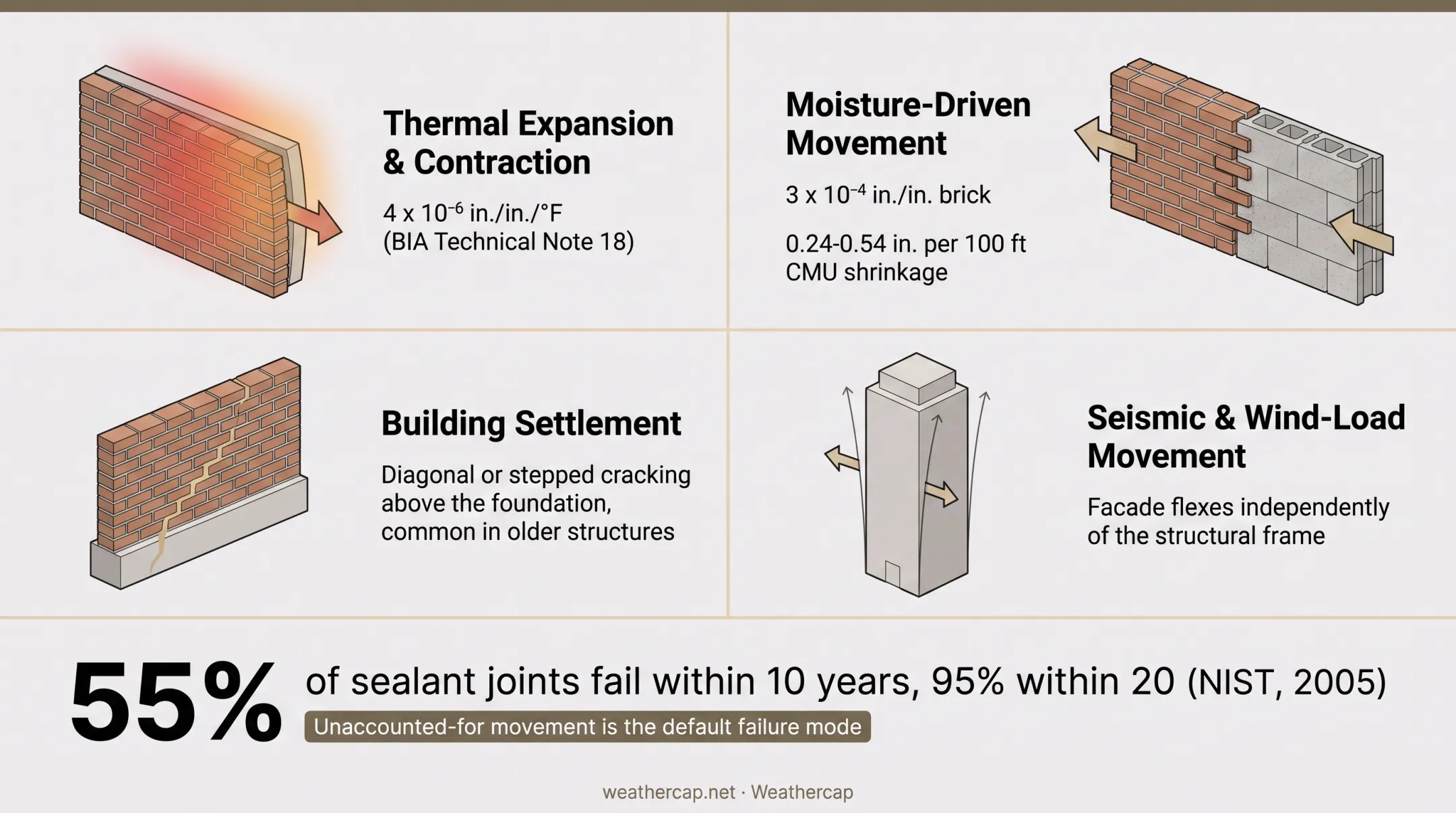 Four causes of masonry building movement and sealant failure statistics
