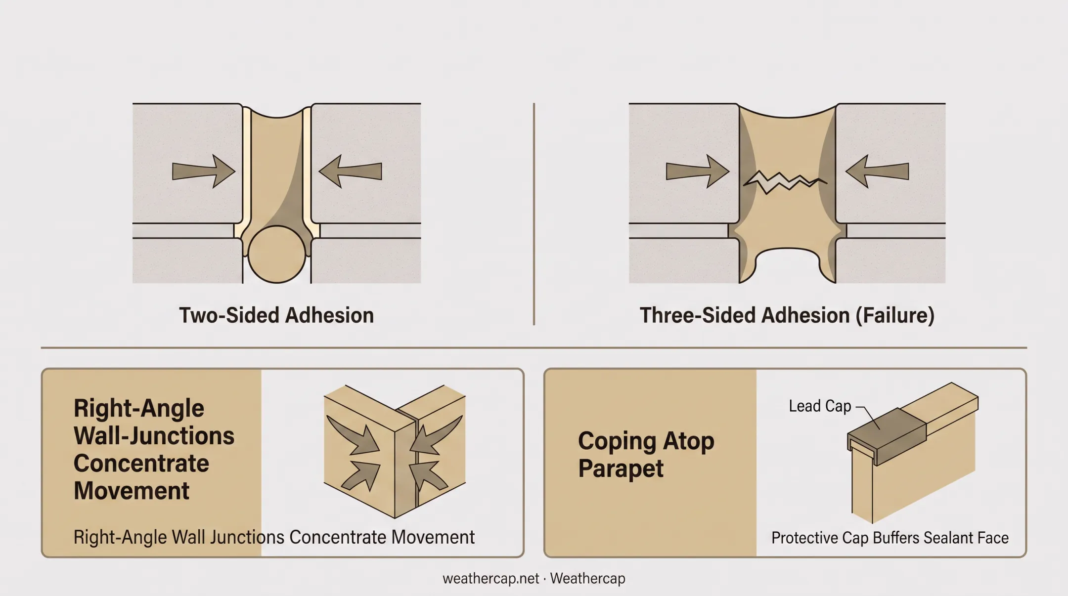 Five-component expansion joint anatomy diagram with width depth and sealant layers