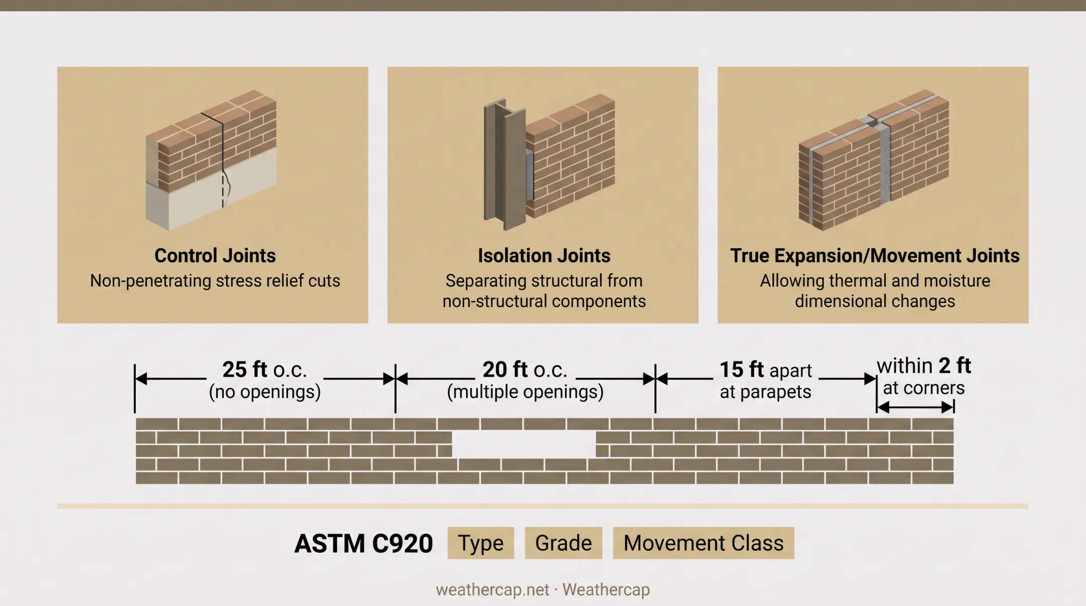 Masonry joint spacing guidelines by location and exposure type