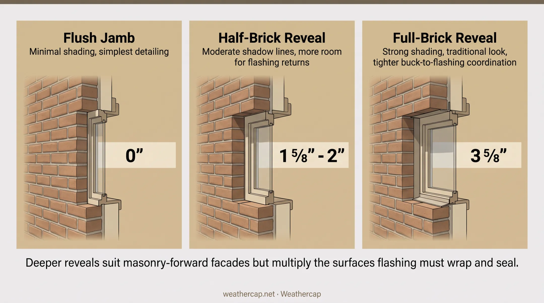 Flush half-brick and full-brick window reveal configurations compared