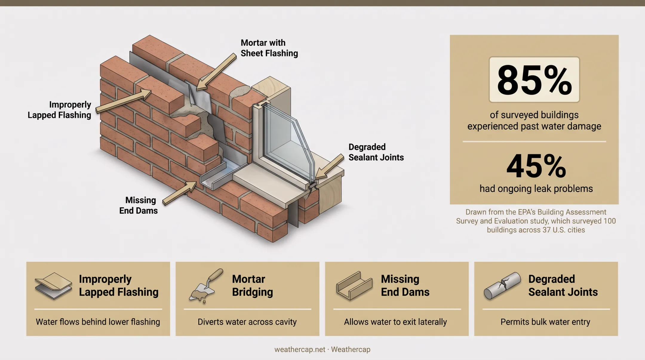 Water damage and mold growth from failed masonry window flashing
