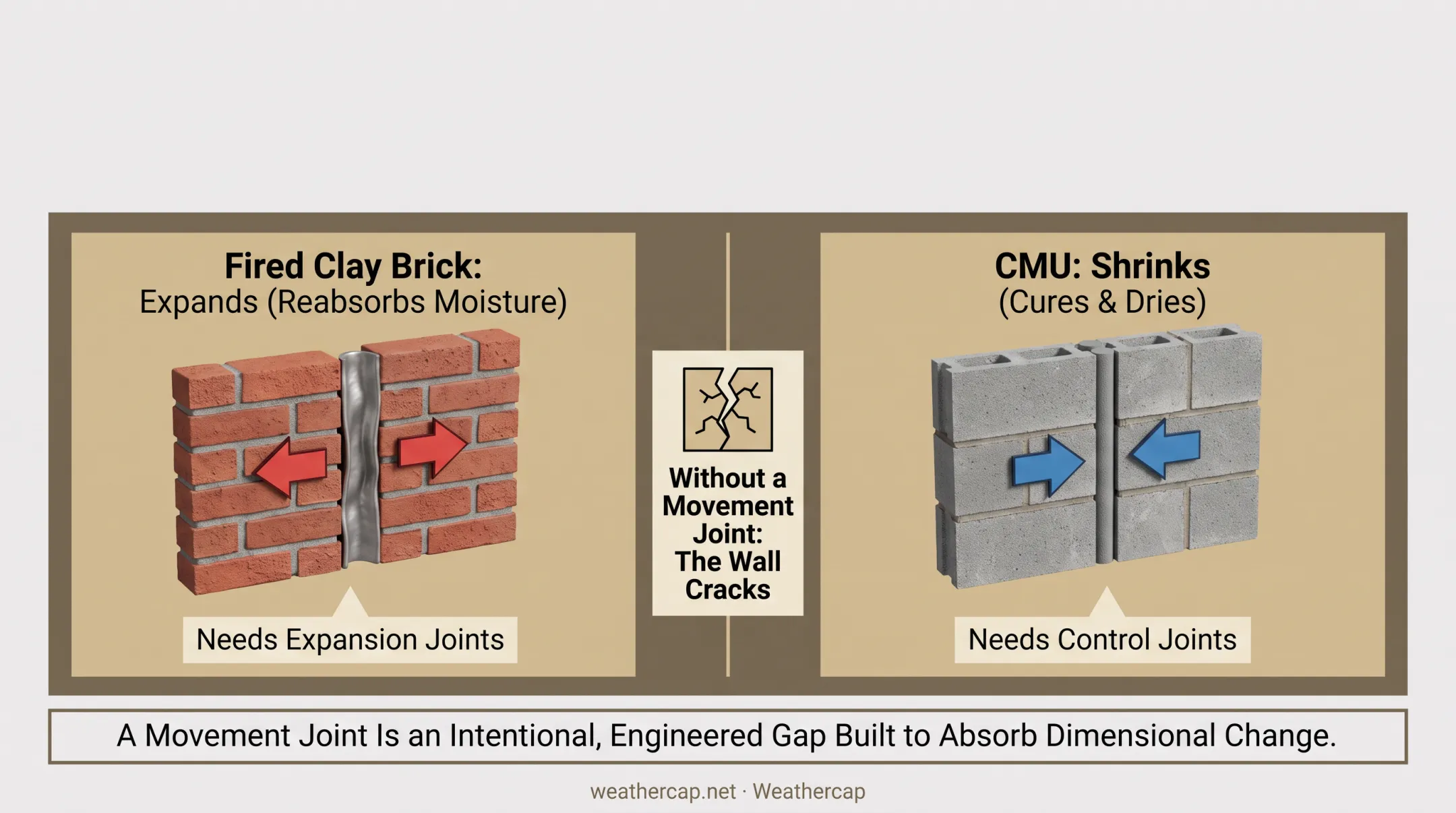 Clay brick expansion versus CMU shrinkage joint strategy comparison diagram