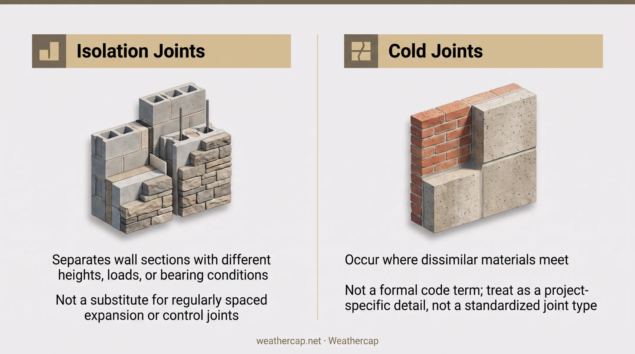 Four masonry movement joint types and their functions comparison chart