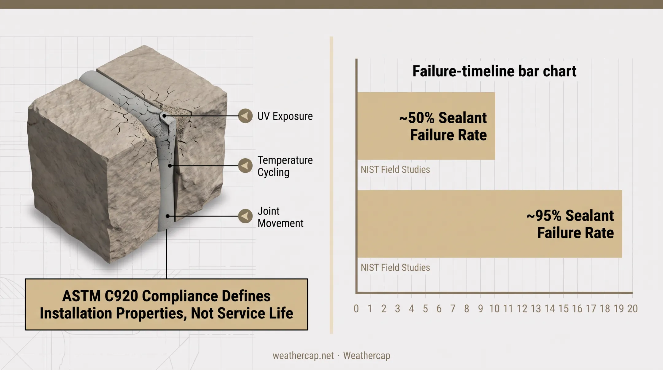 Sealant failure rate over 10 and 20 years in masonry joints