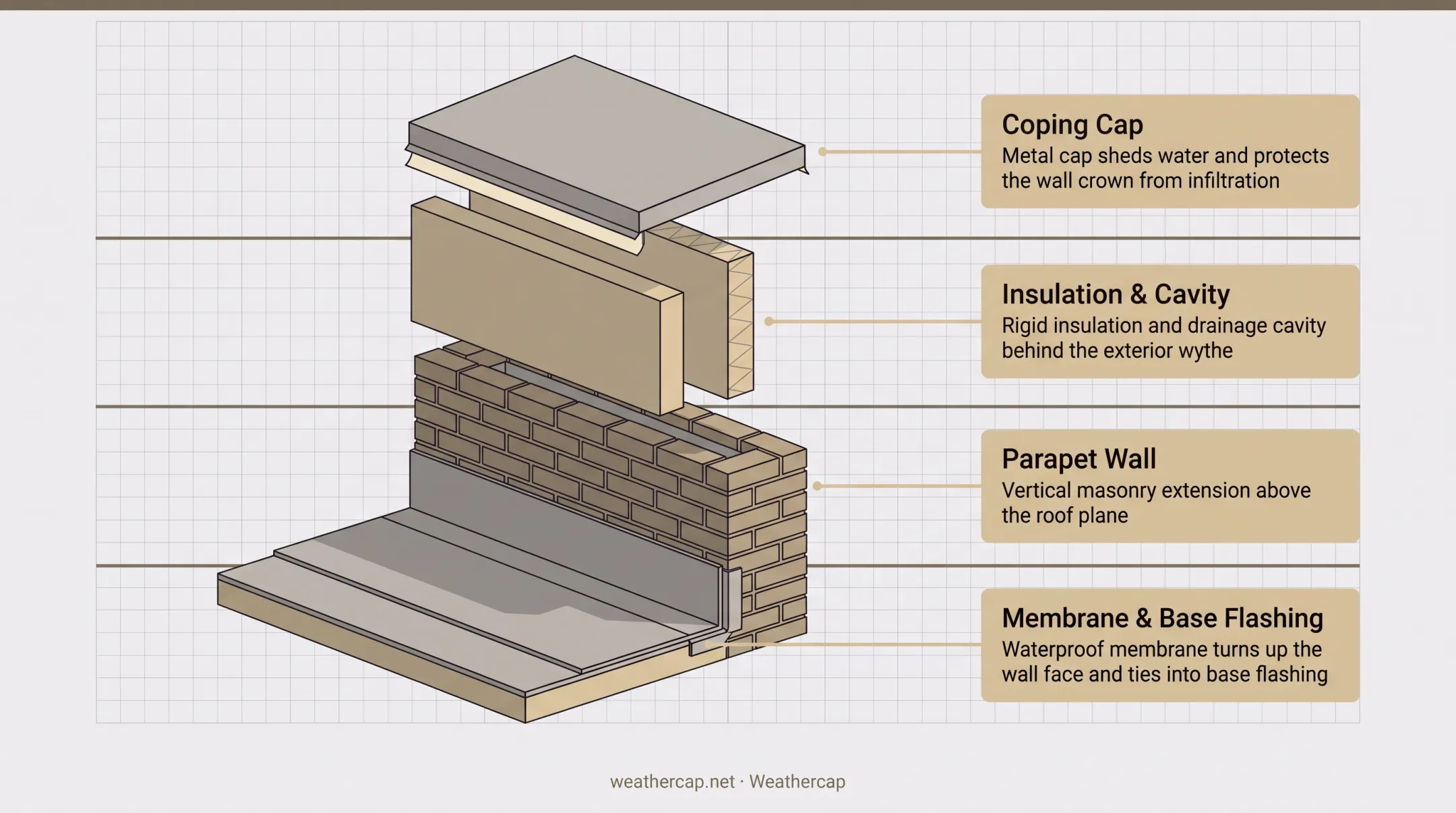 Flat roof parapet wall anatomy cross-section diagram with labeled layers