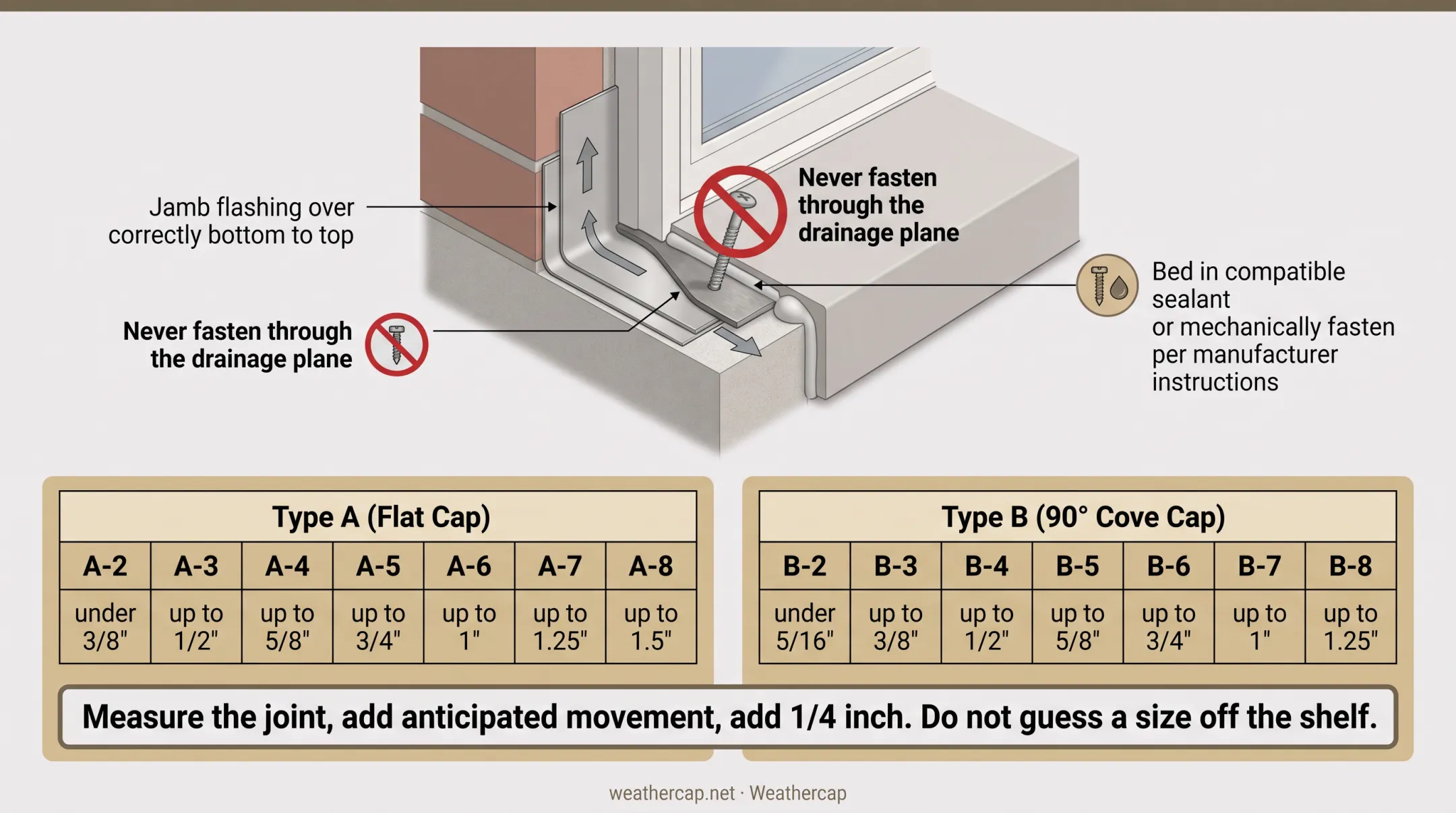 Cross-section diagram of lead flashing strip under masonry window sill joint