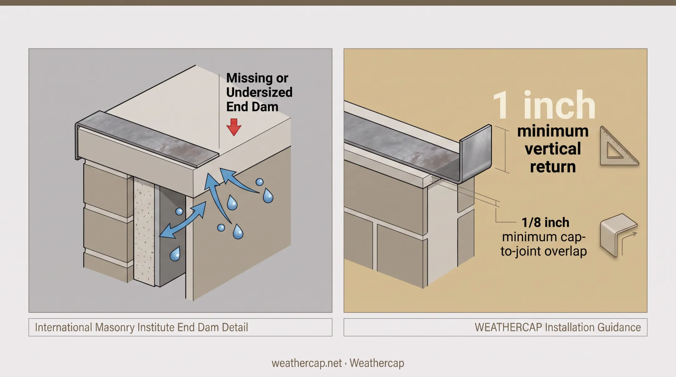 End dam height and overlap specifications for lead sill flashing installation