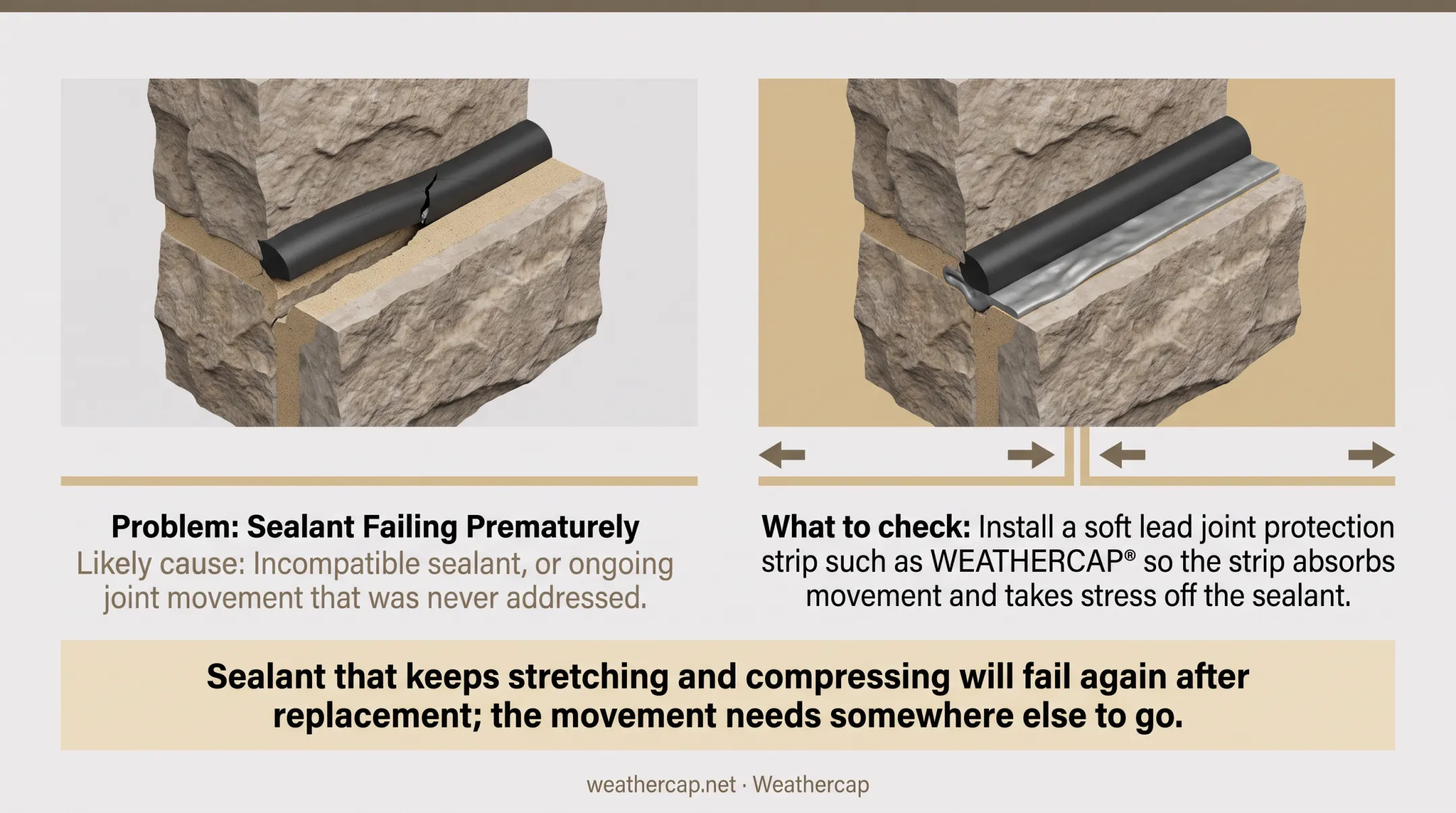 WEATHERCAP lead joint protection strip installed over sealant joint