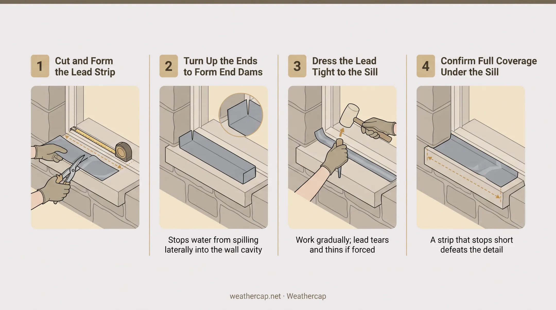 4-step lead sill flashing installation process from prep to sealing