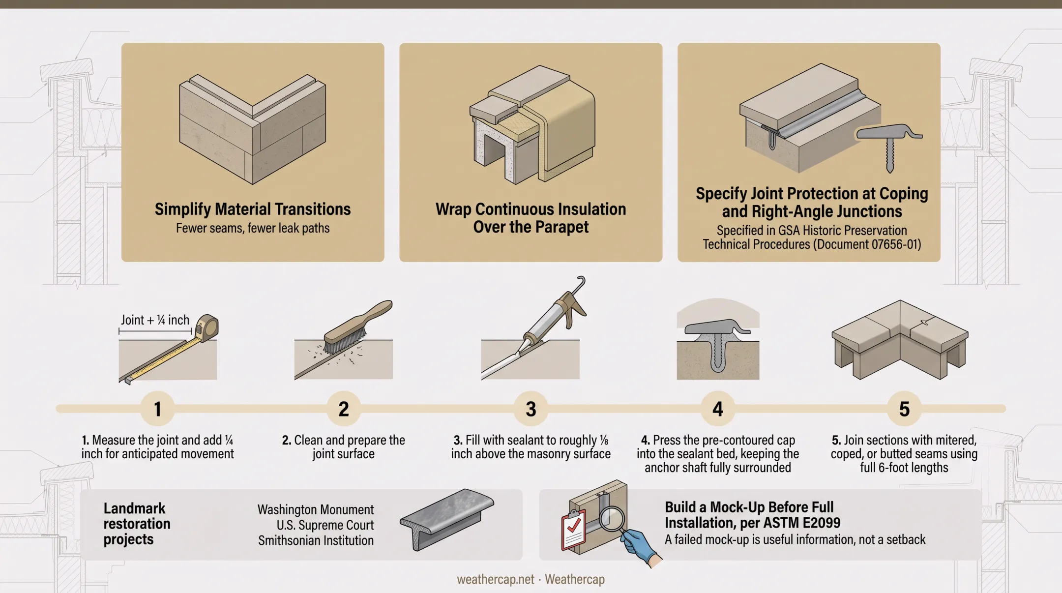 5-step WEATHERCAP joint protection installation process for parapet coping