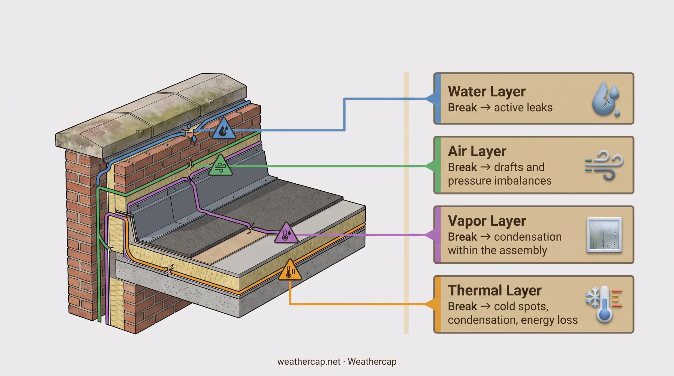 Parapet wall cross-section showing water air vapor thermal control layers