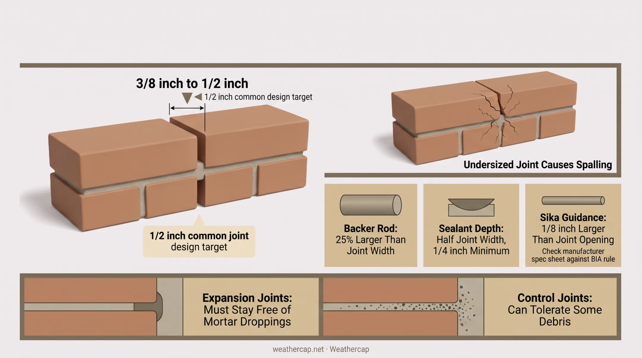 Backer rod and sealant sizing diagram for expansion joint installation