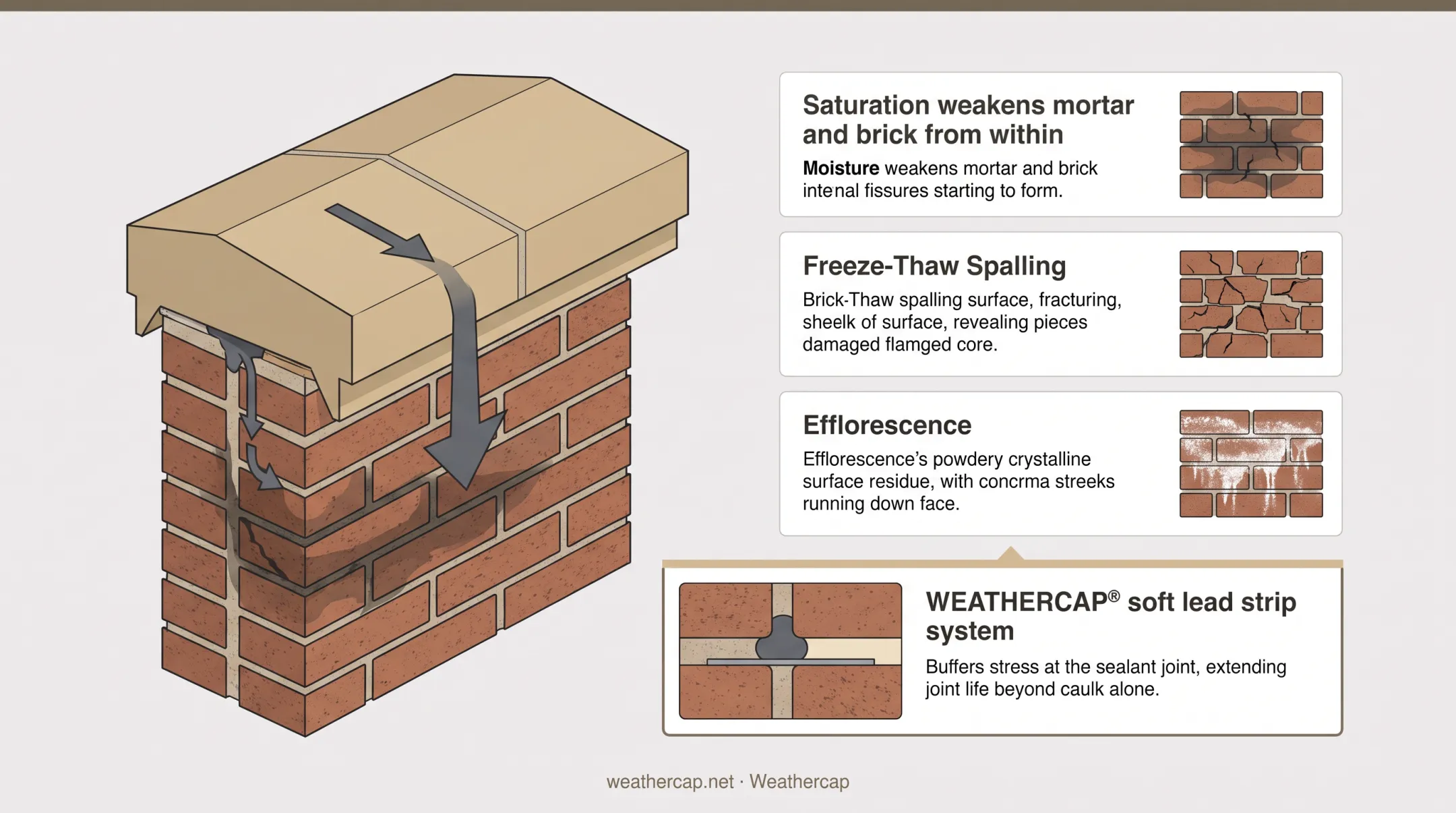 Coping joint cross section showing lead strip sealant reinforcement system