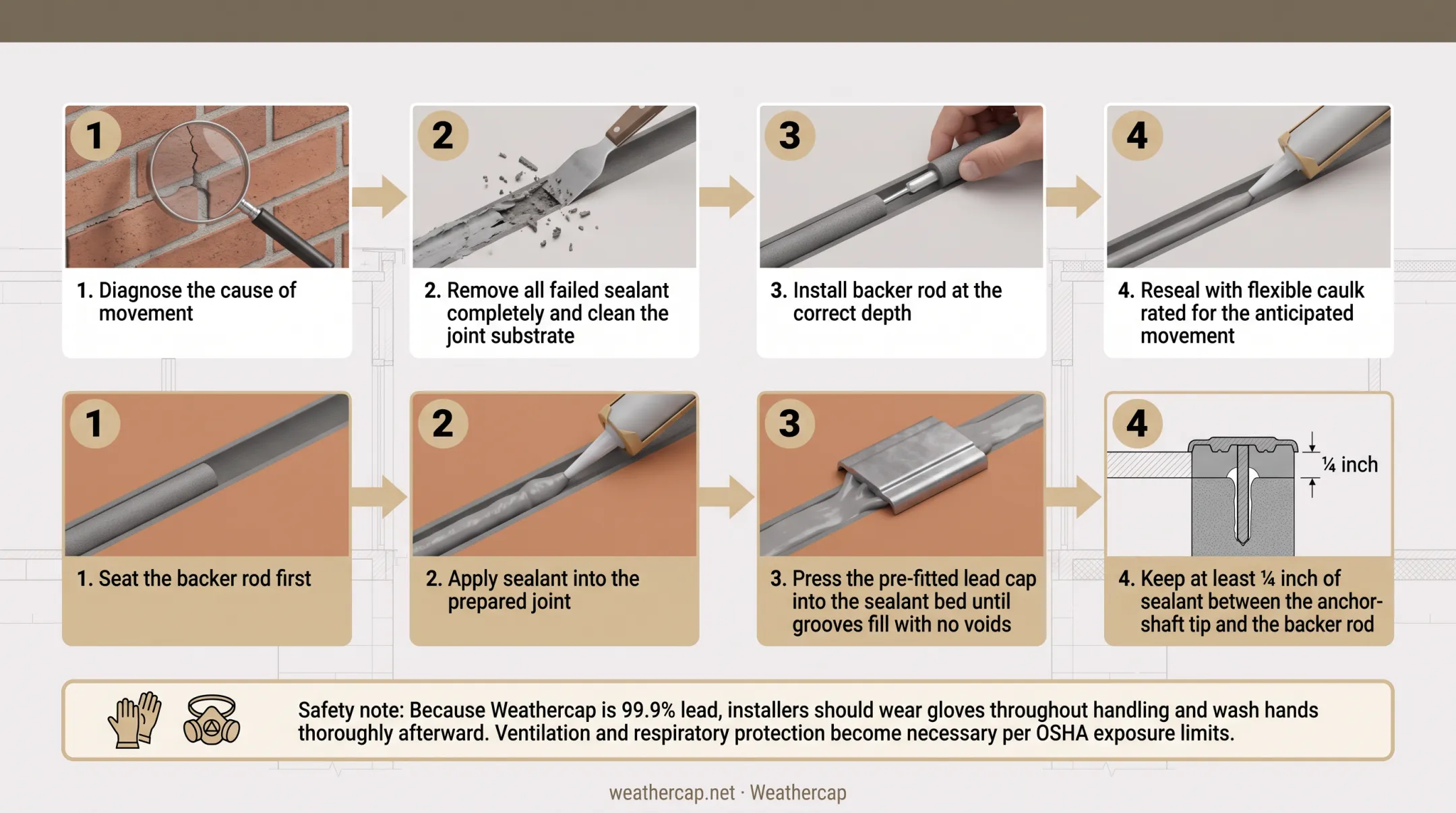 Four-step lead joint cap installation sequence for masonry repair