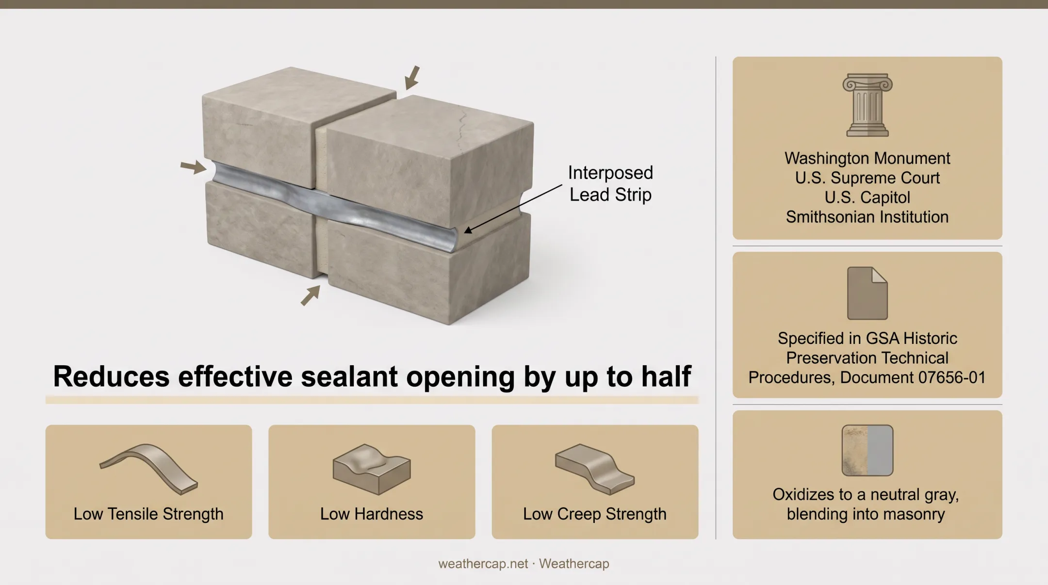 Weathercap lead strip interposed within masonry joint cross-section diagram