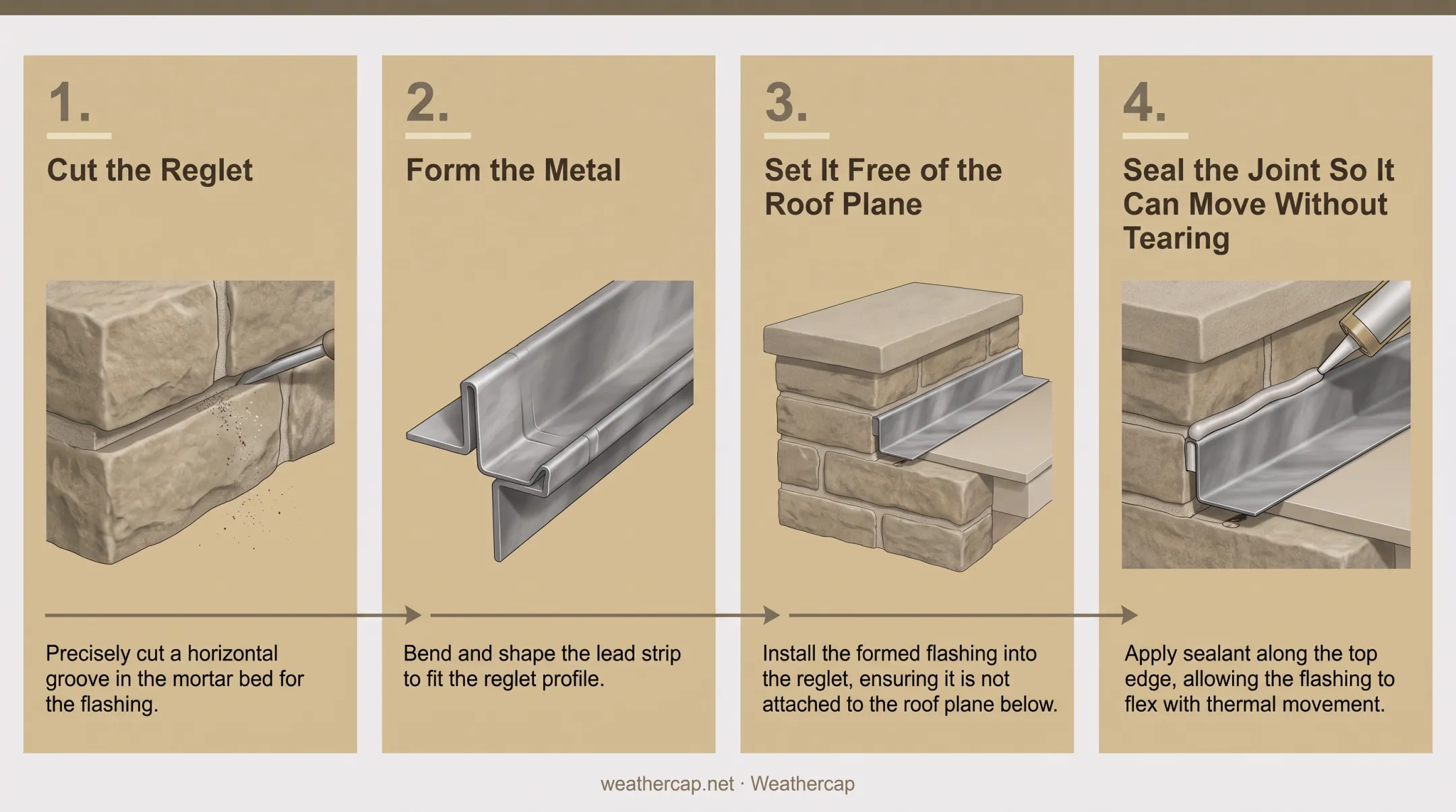 4-step stone counter flashing installation process from reglet to seal