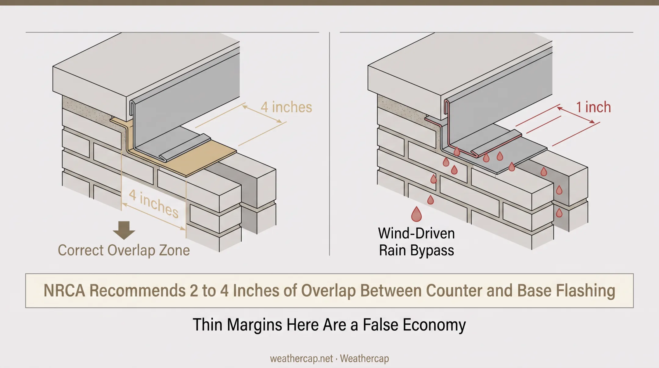 Counter flashing to base flashing overlap distance requirements diagram