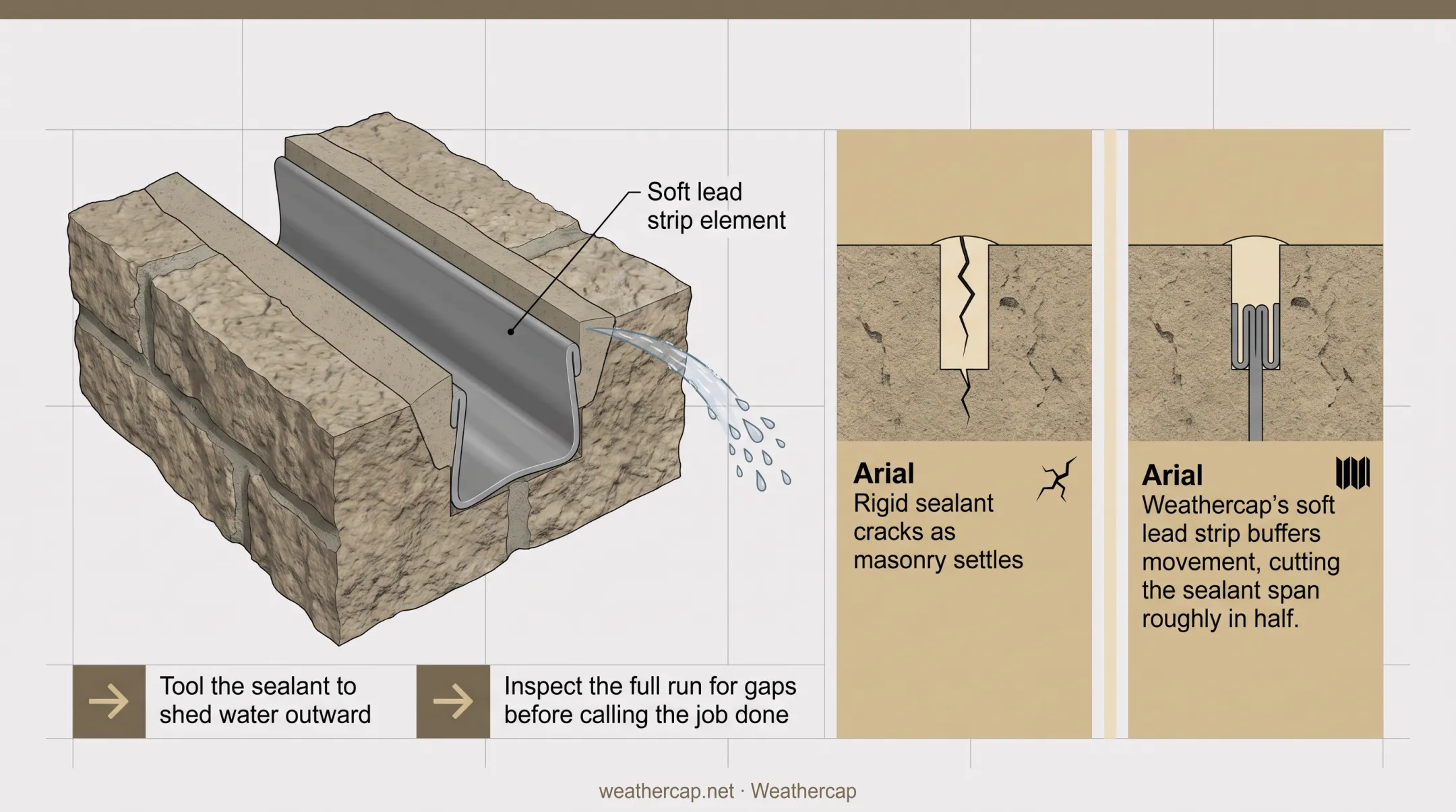 Lead joint-protection strip installed inside sealed masonry flashing joint