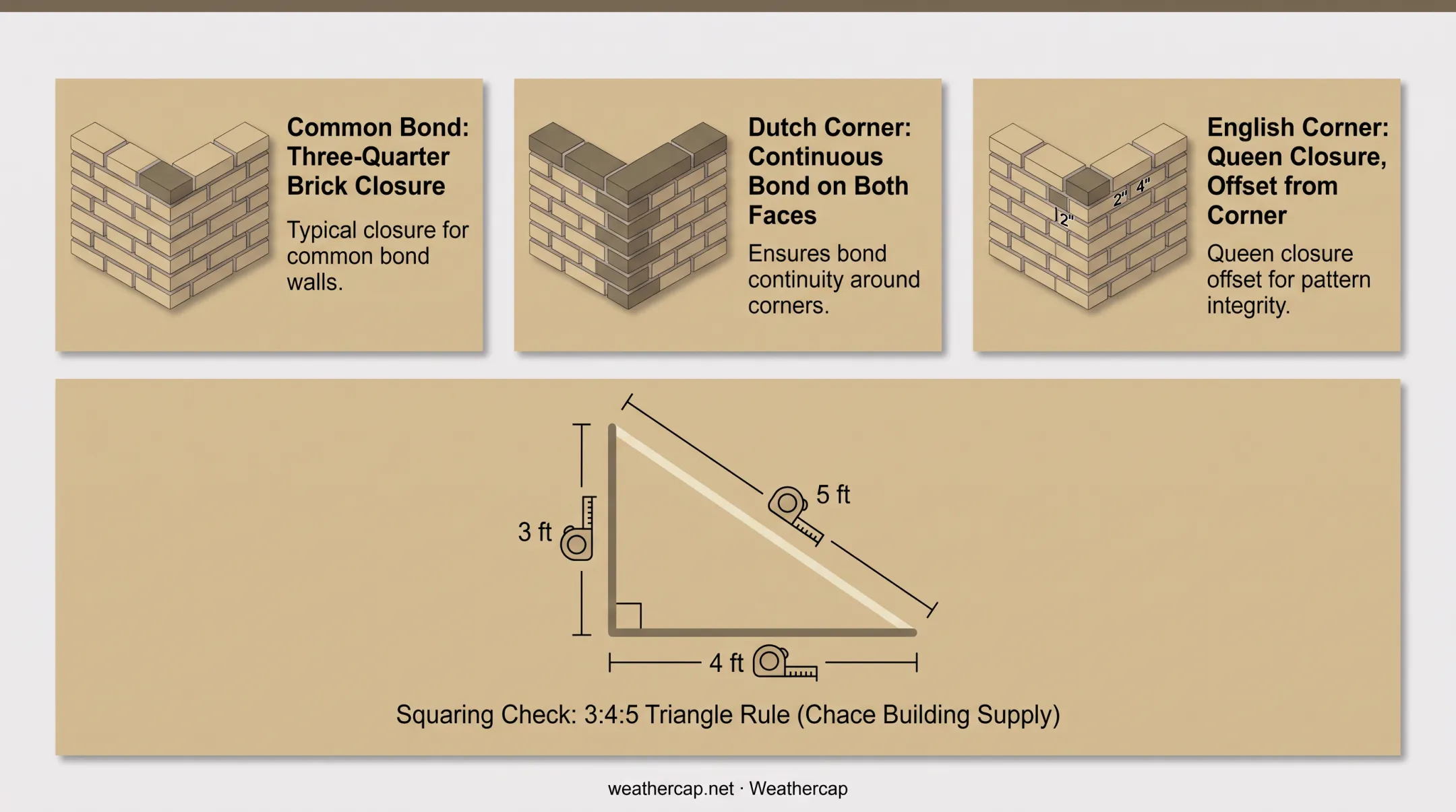 Common Dutch and English right-angle brick corner bonding patterns compared