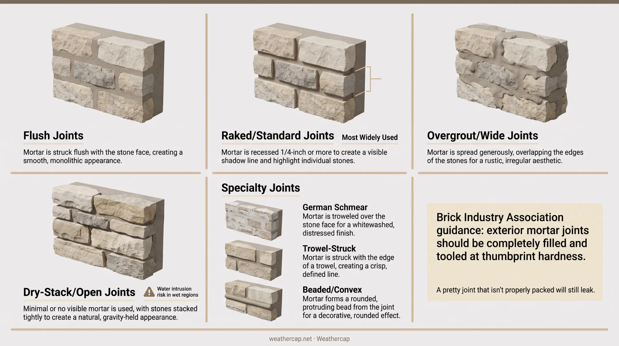Four stone masonry joint styles comparison flush raked overgrout dry-stack