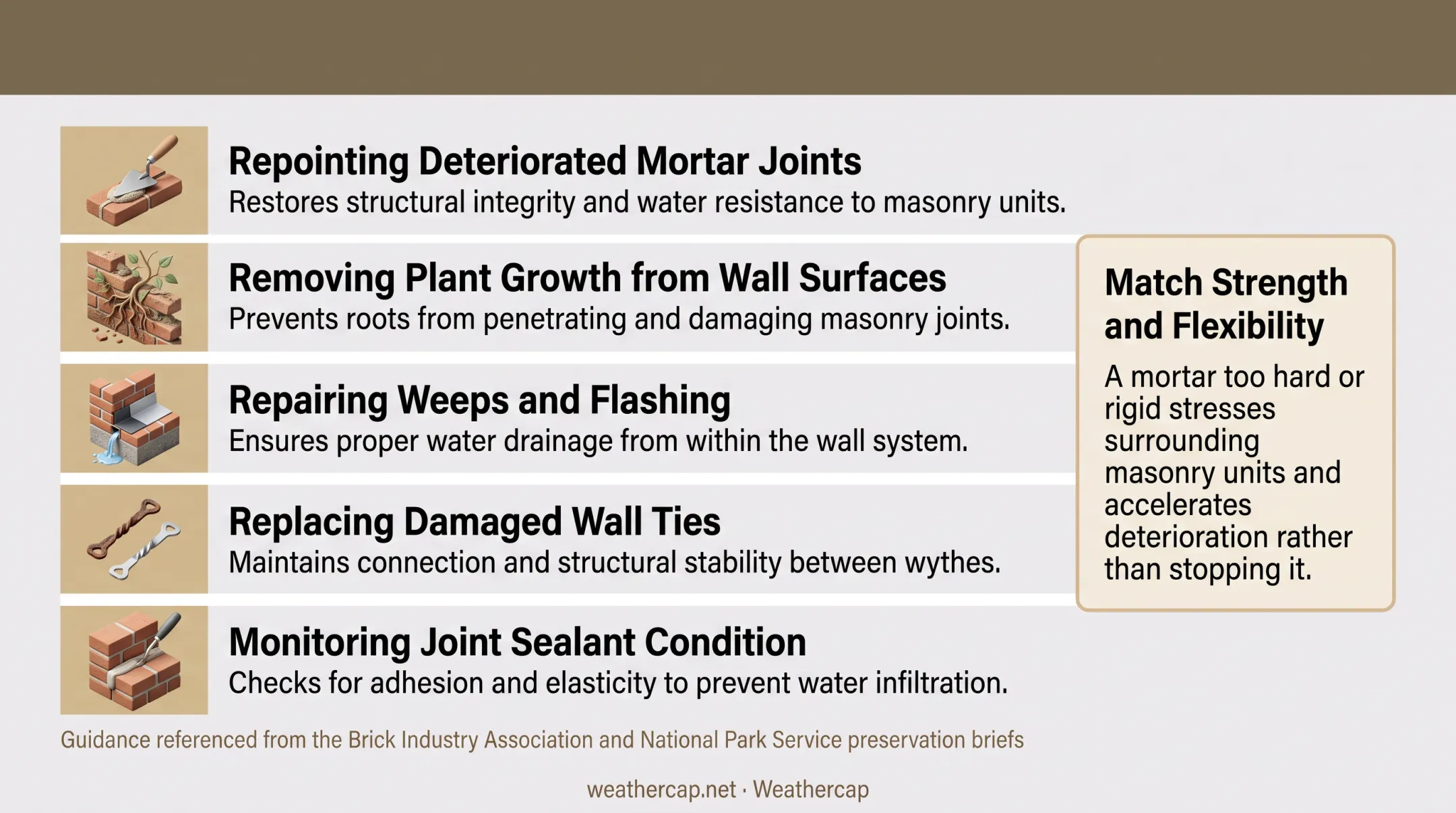 Mason repointing deteriorated mortar joints on historic brick wall