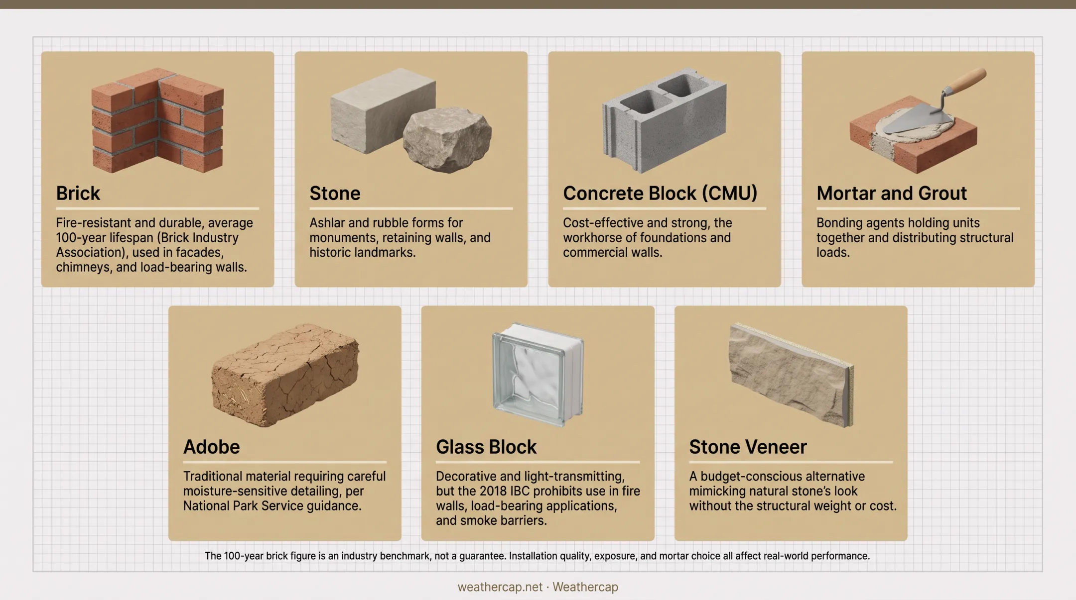 Comparison chart of common masonry materials brick stone CMU adobe
