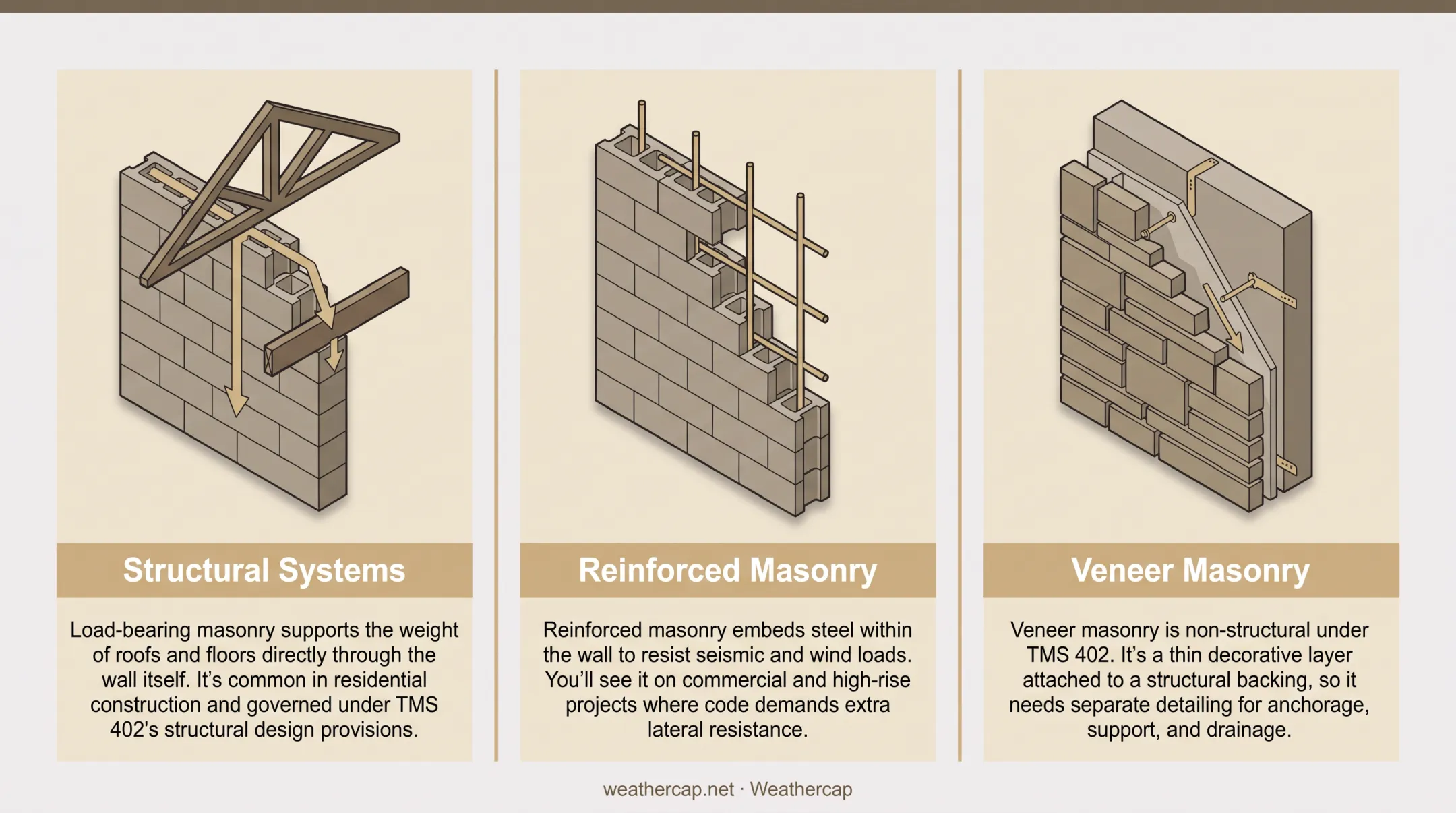 Load-bearing reinforced and veneer masonry structural systems comparison diagram